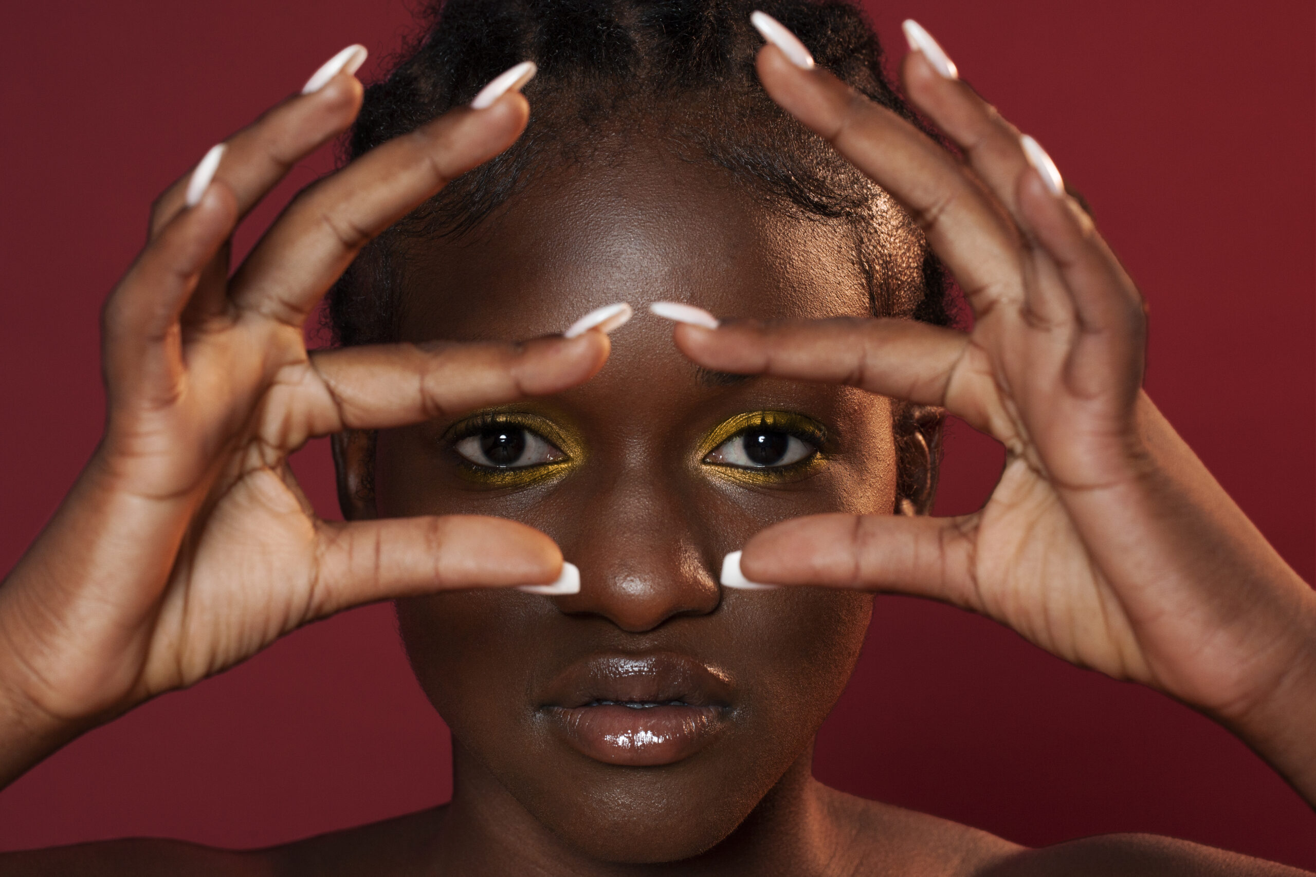 front view black woman posing studio